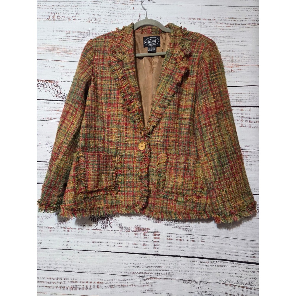 Selene Sport Womens XL Multicolor Plaid Tweed Fringe Trim Single Button Blazer